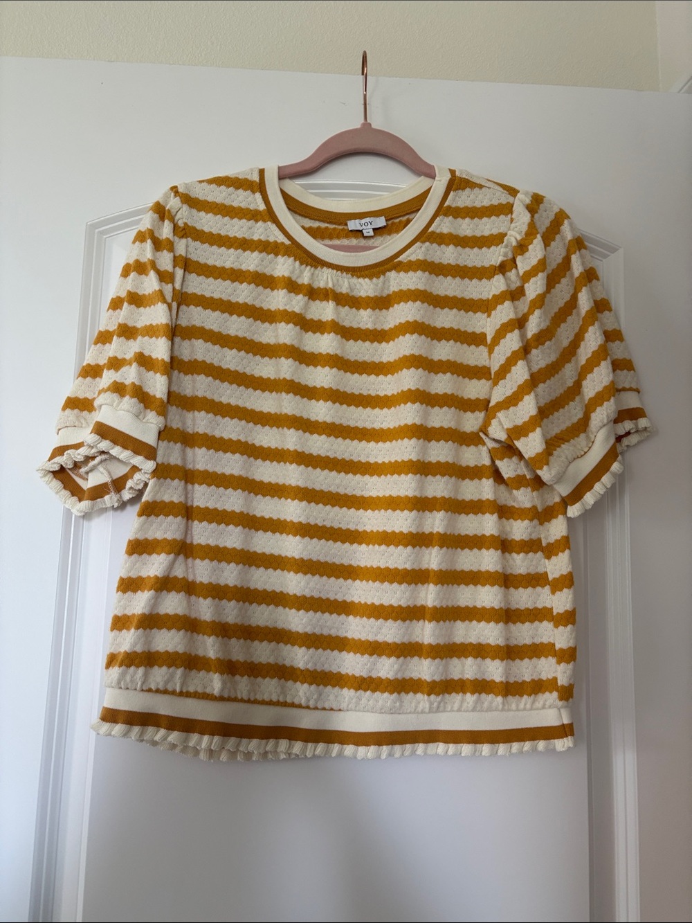 JoyGold Striped Puff-Sleeve Top in Cream & Mustard